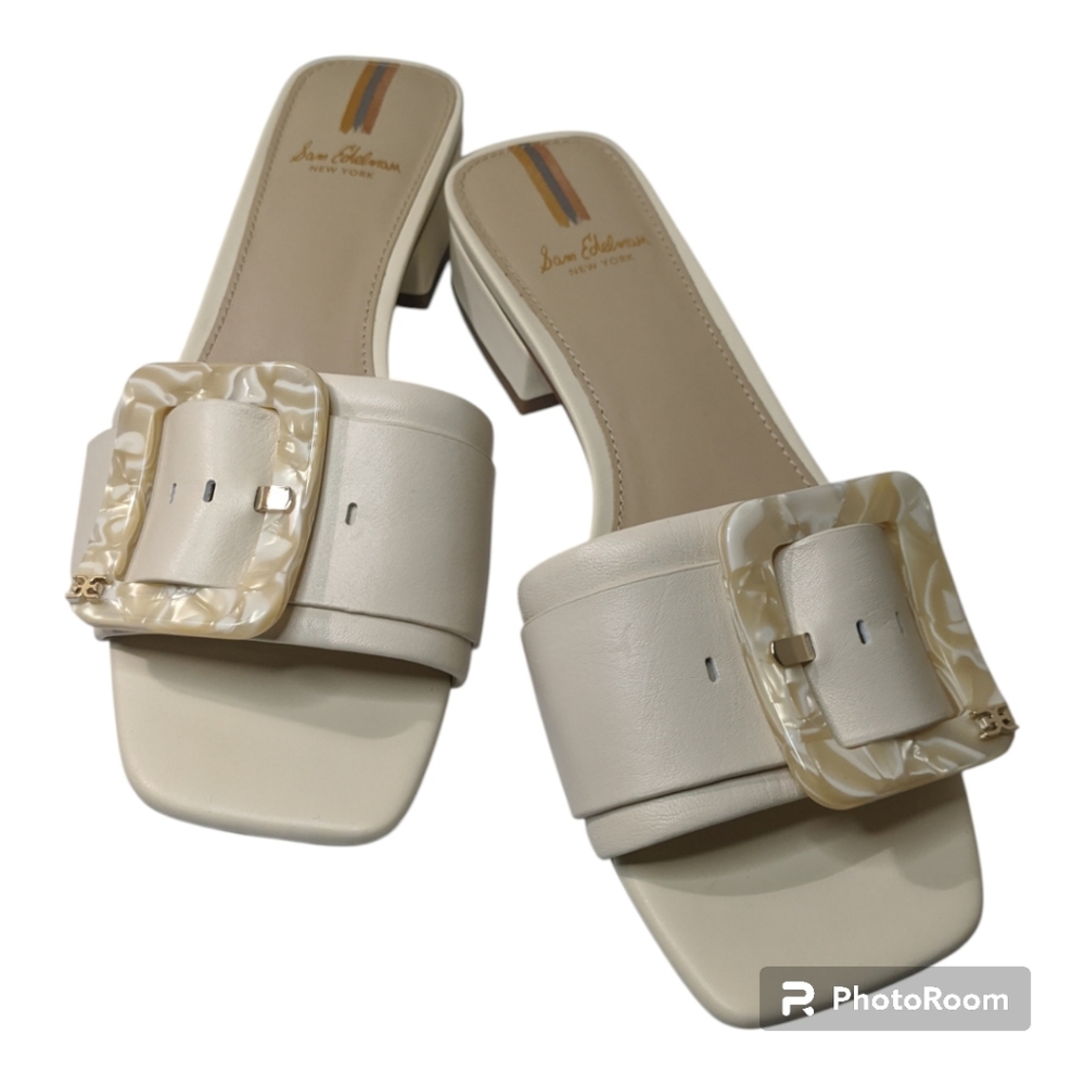 NIB Sam Edelman Deacon Slide Sandal Ivory Faux Tort Buckle Women's 6M *READ*